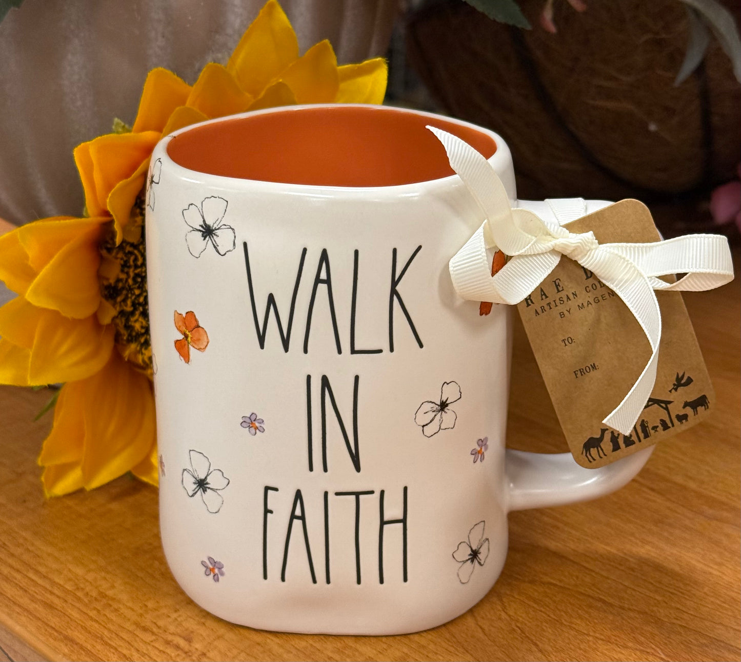 New Rae Dunn ceramic floral coffee mug WALK IN FAITH orange interior