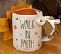 New Rae Dunn ceramic floral coffee mug WALK IN FAITH orange interior