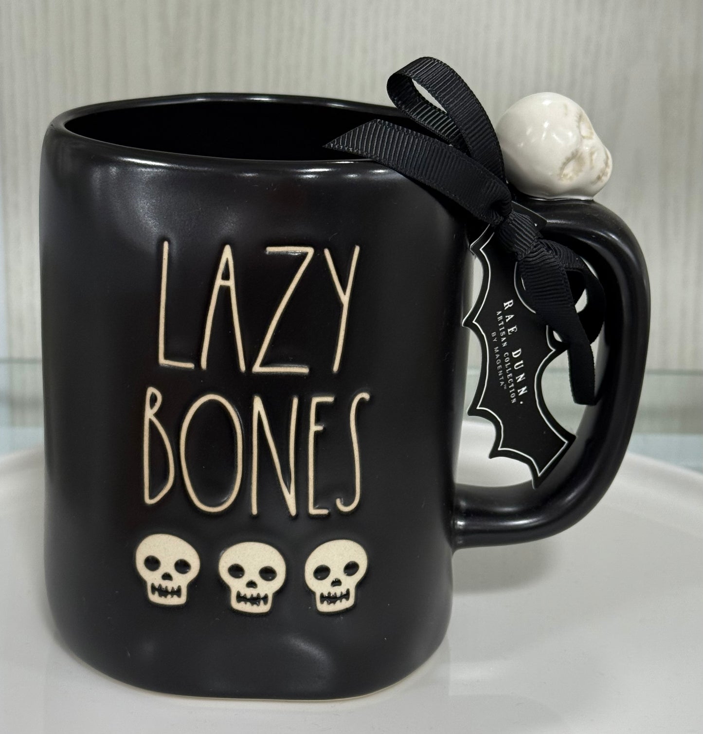 New Rae Dunn black ceramic Halloween coffee mug LAZY BONES