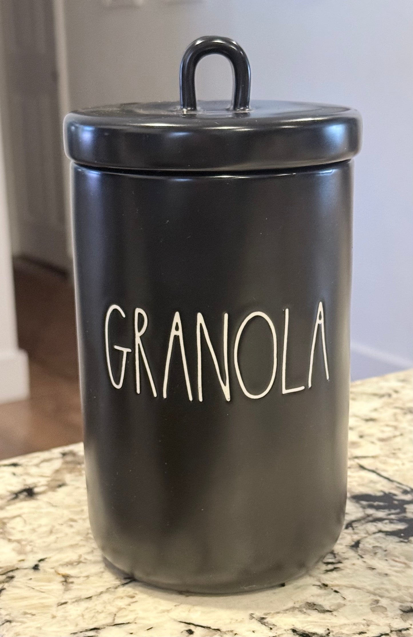 New Rae Dunn black ceramic 7.5” storage canister GRANOLA