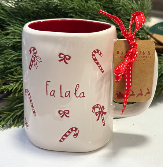 New Rae Dunn Candy Cane & Bow Christmas coffee mug FA LA LA