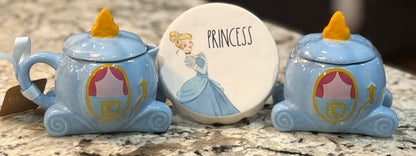 New Rae Dunn x Disney’s Cinderella 3-piece ceramic gift set cream/sugar carriage containers and cupcake stand