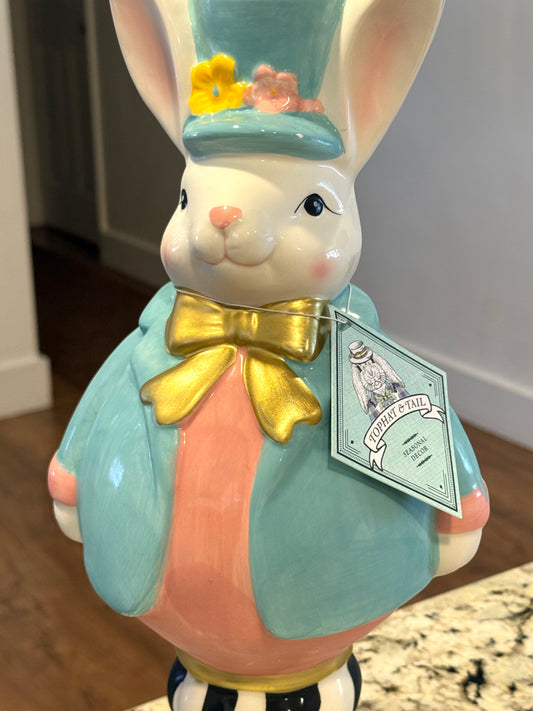 New Tophat & Tail ceramic Bunny check topiary Easter bunny decor 19x7.25”