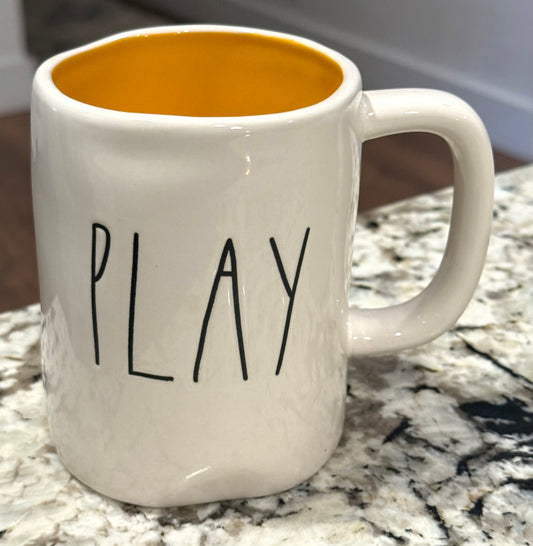 Rae Dunn white ceramic coffee mug PLAY