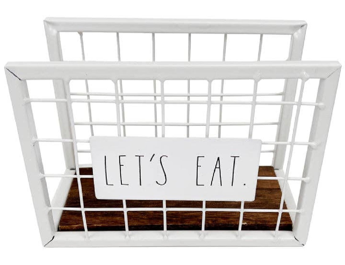 New Rae Dunn LET’S EAT wood & metal White Napkin Holder