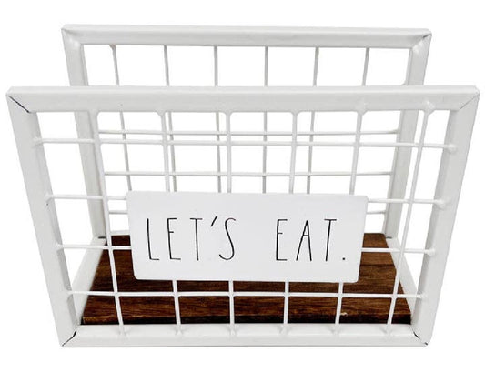 New Rae Dunn LET’S EAT wood & metal White Napkin Holder