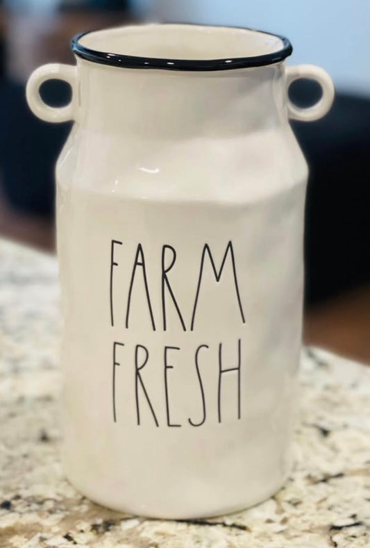 New Rae Dunn white ceramic FARM FRESH milk jug vase
