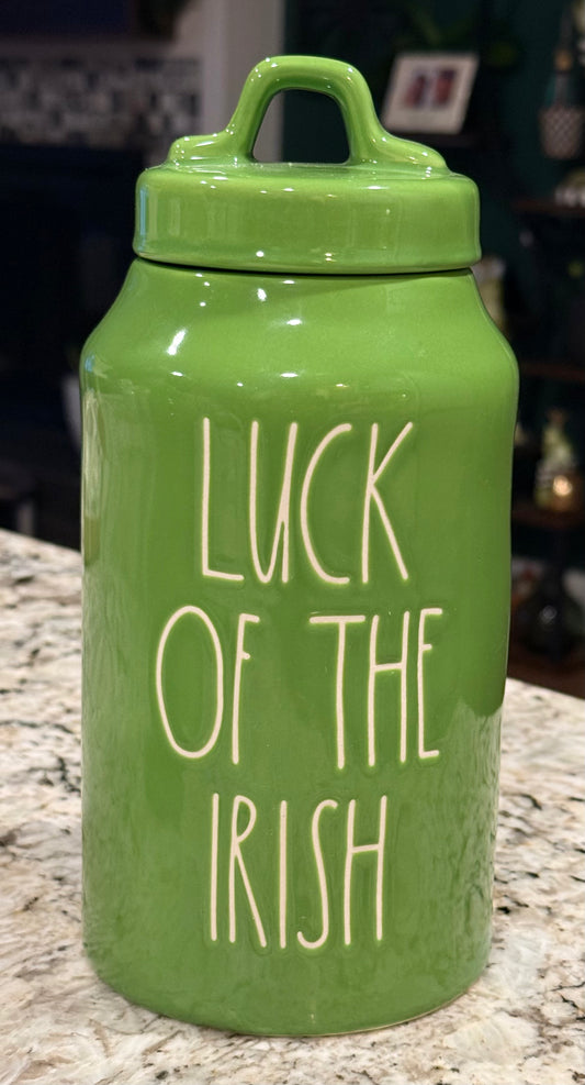 New Rae Dunn St. Patrick’s Day green ceramic canister 9” LUCK OF THE IRISH
