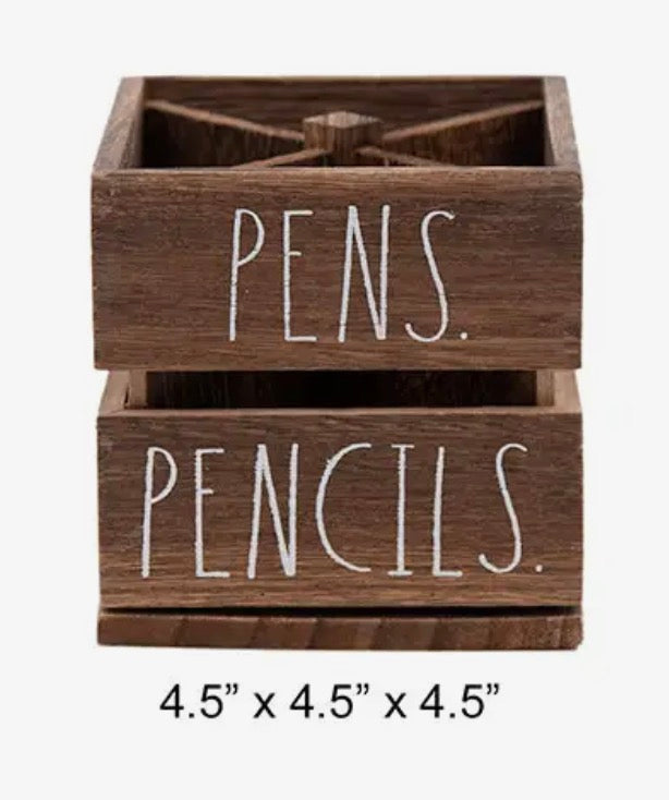 New Rae Dunn vintage look spinning brown wood storage box PENS/PENCILS