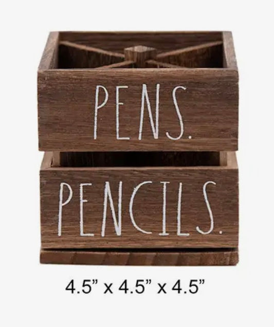 New Rae Dunn vintage look spinning brown wood storage box PENS/PENCILS
