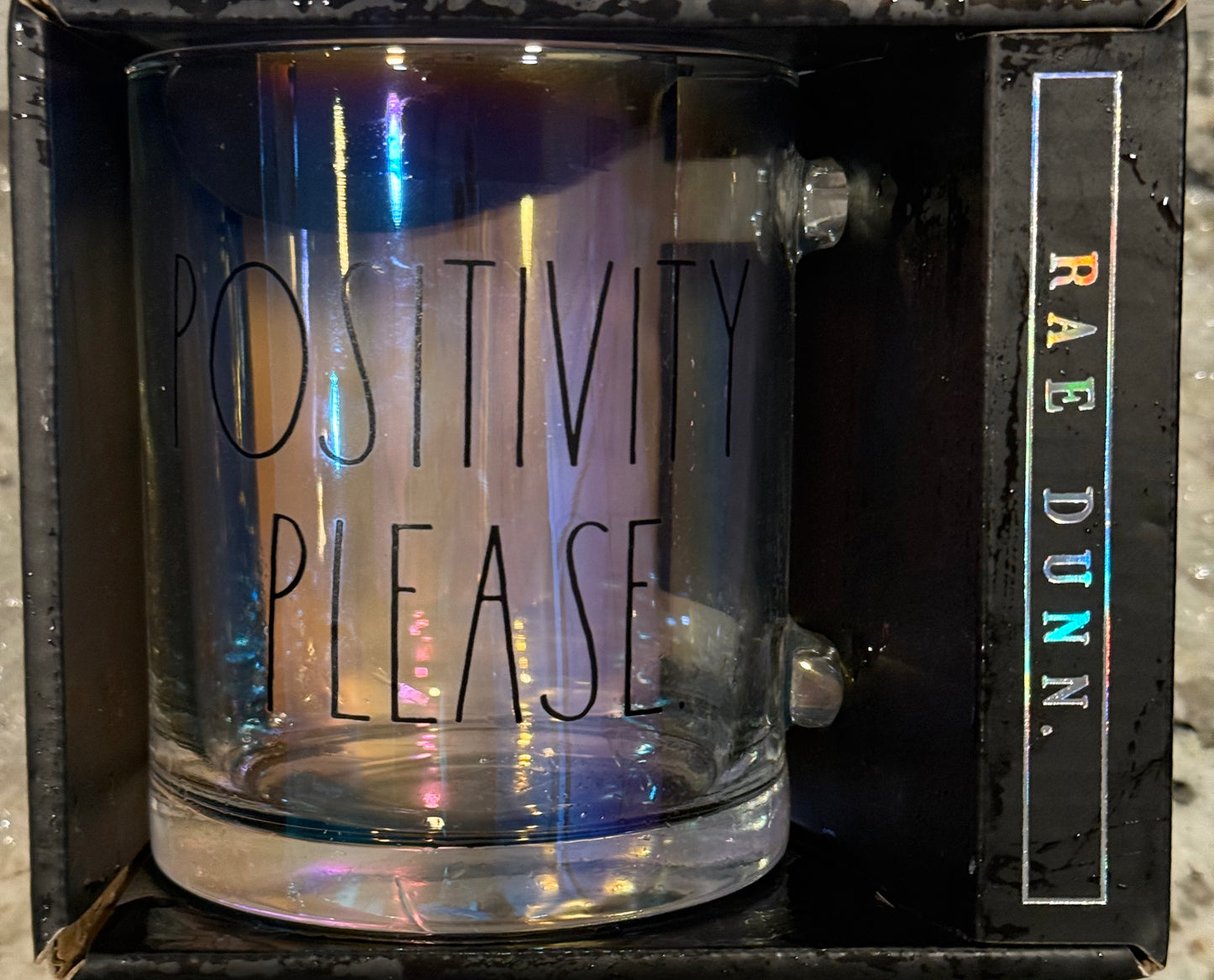 New Rae Dunn glass coffee mug with iridescent print POSITIVITY PLEASE