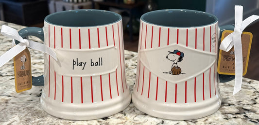 New Rae Dunn x Peanuts Snoopy ceramic striped coffee mug PLAY BALL