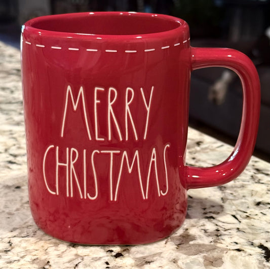 New Rae Dunn red ceramic Christmas mug MERRY CHRISTMAS stitching*