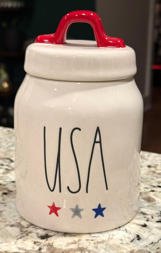 New Rae Dunn Americana ceramic star trimmed USA 6” canister