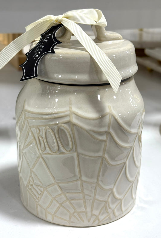 New Rae Dunn white ceramic canister 7” BOO! Spiderweb motif Halloween decor