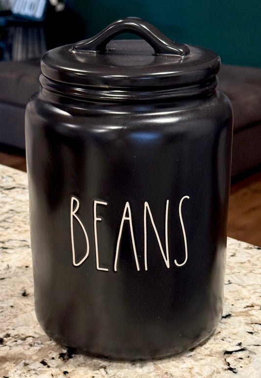 New Rae Dunn black ceramic BEANS canister 9”