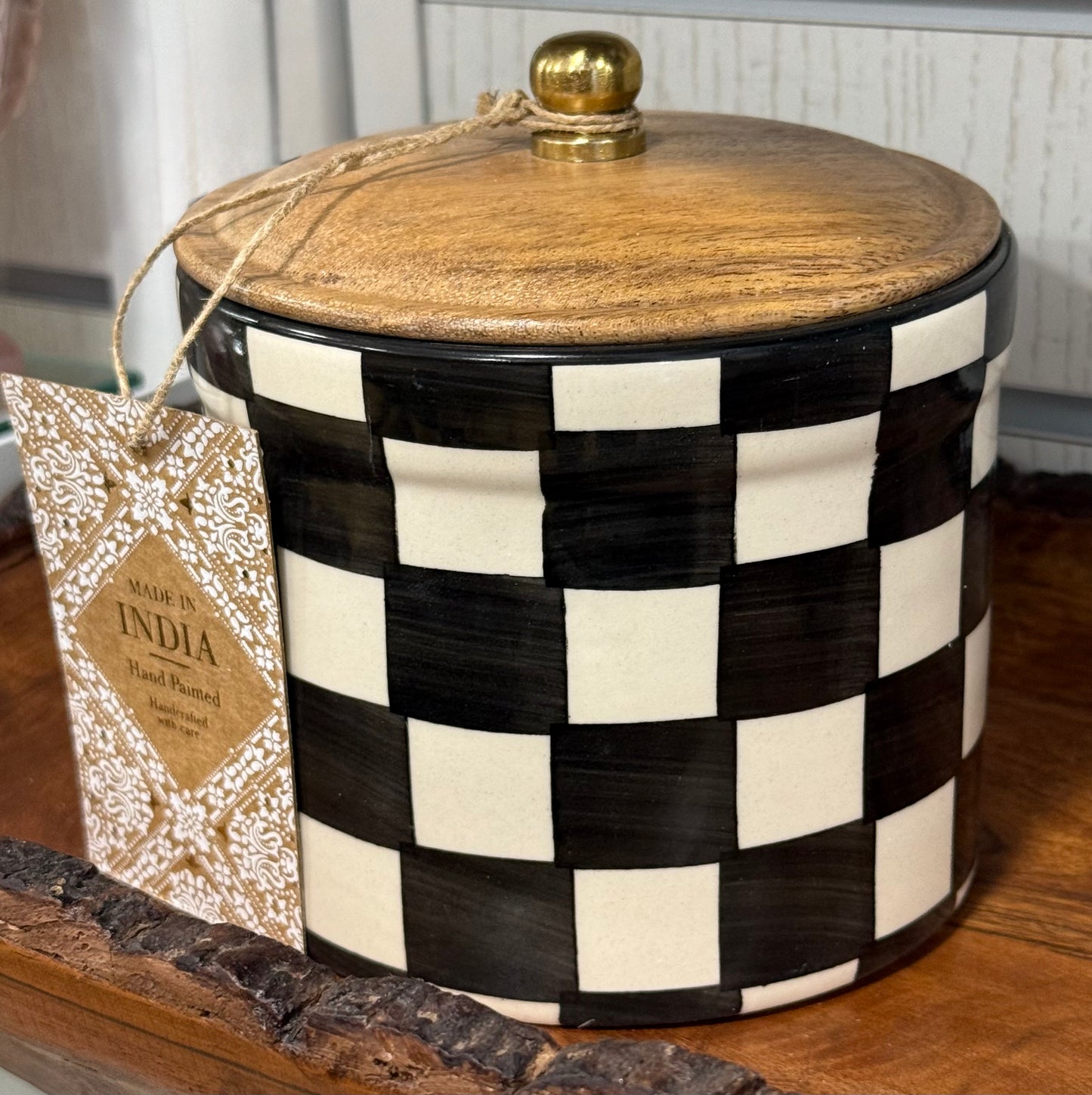 New Made in India ceramic 5” storage black check checked canister