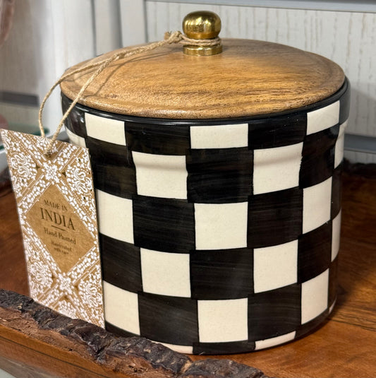 New Made in India ceramic 5” storage black check checked canister