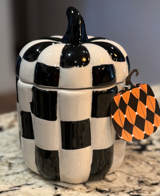 New black & white checked  ceramic pumpkin storage container 5.75”