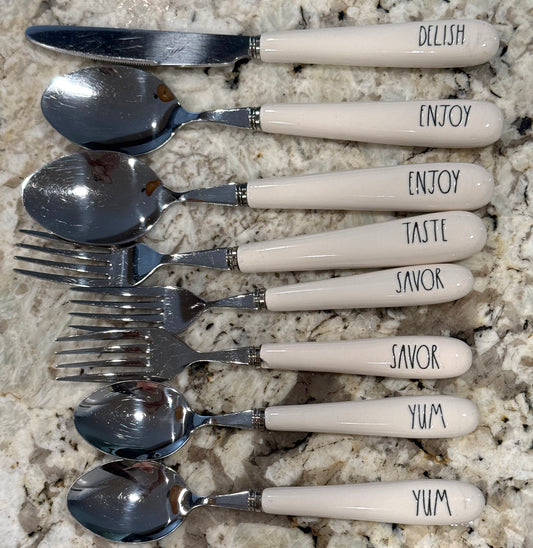 Rae Dunn white ceramic handled kitchen silverware set 8 pieces