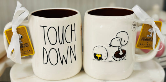 New Rae Dunn x Peanuts Snoopy ceramic football coffee mug decor TOUCHDOWN
