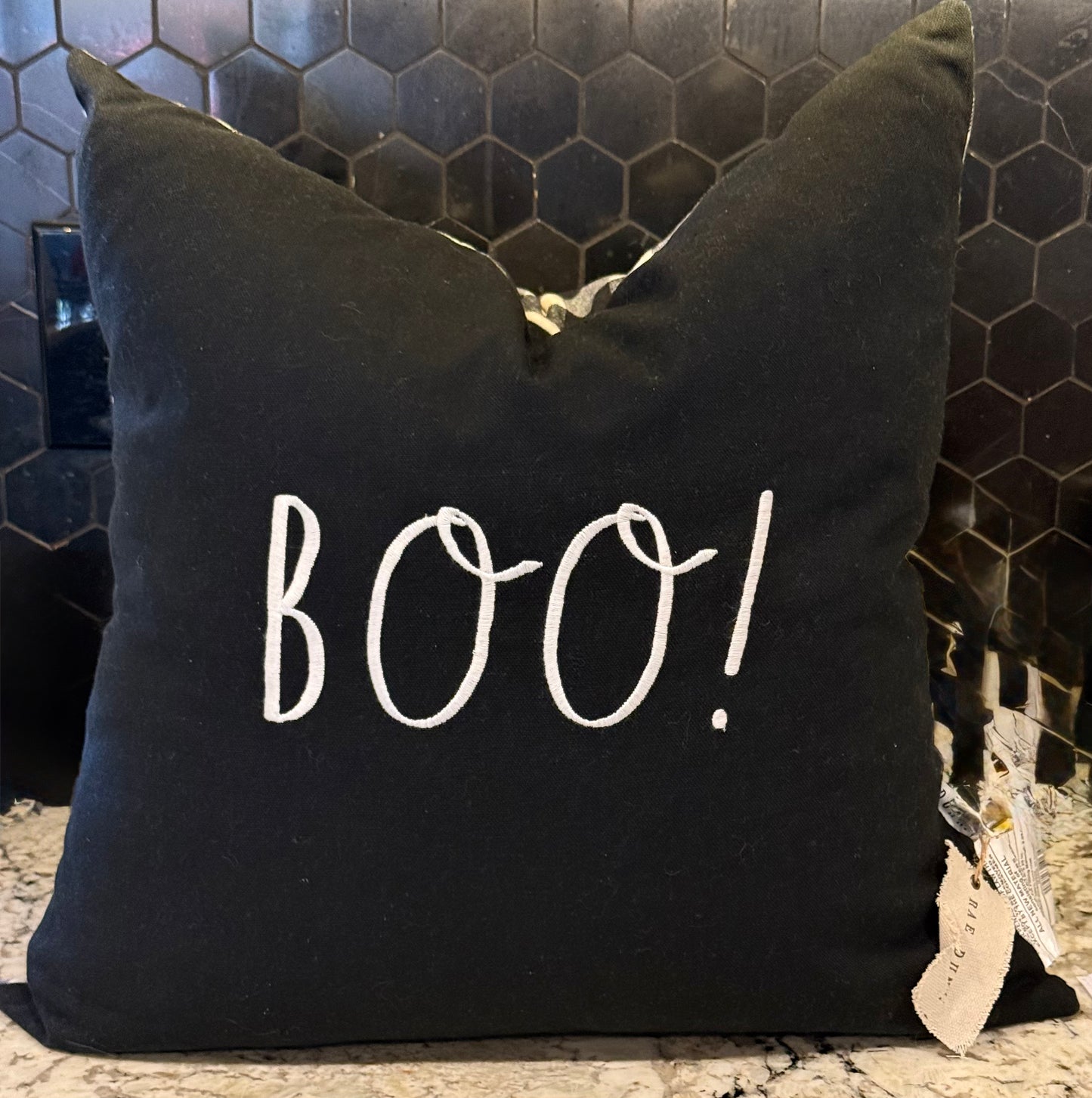 New Rae Dunn black Halloween throw pillow BOO! duck feather 20x20