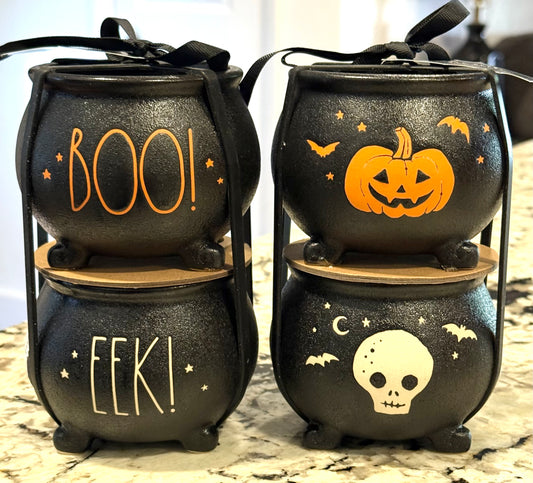 New Rae Dunn black ceramic mini 2-piece caldron set BOO! EEK! Halloween decor