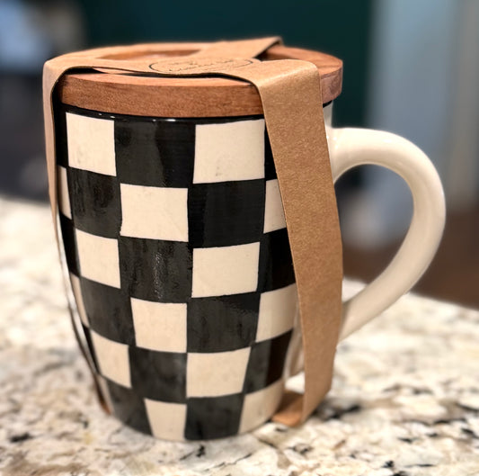New Courtly Check ceramic black & white checkered Made in India coaster & mug
