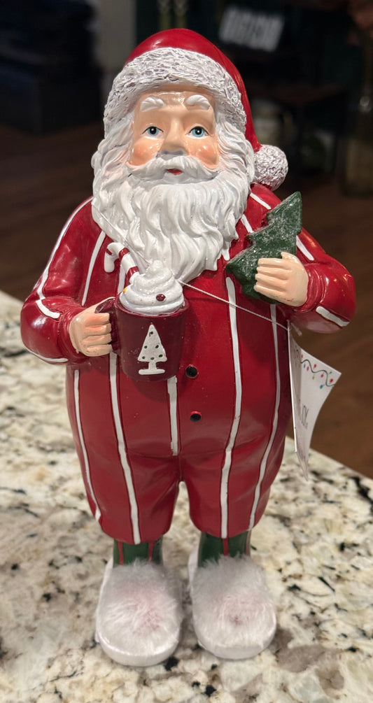 New Christmas striped pajama Santa with fur slippers, mug 8”