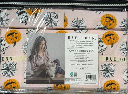 New Rae Dunn pink pumpkin Halloween QUEEN sheet set