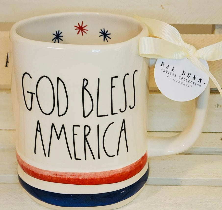 New Rae Dunn white striped ceramic patriotic coffee mug GOD BLESS AMERICA