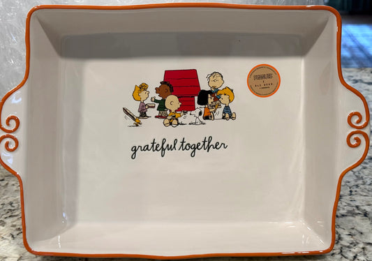 New Rae Dunn x Peanuts Snoopy fall line ceramic baking dish 13x8.75” GRATEFUL TOGETHER
