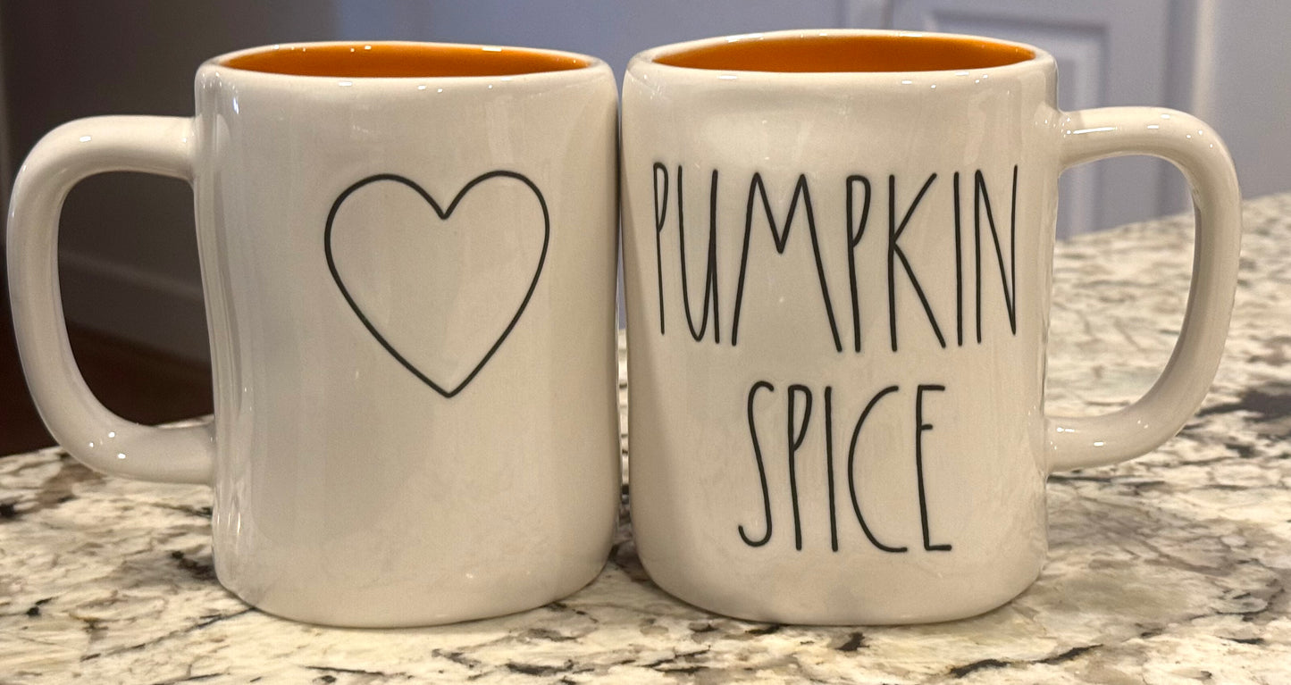 New Rae Dunn white ceramic PUMPKIN SPICE coffee mug -heart on back