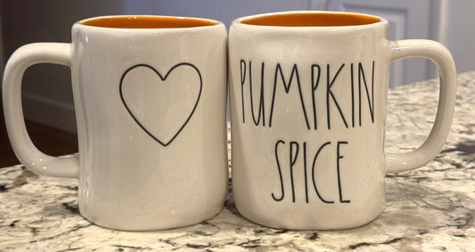 New Rae Dunn white ceramic PUMPKIN SPICE coffee mug -heart on back