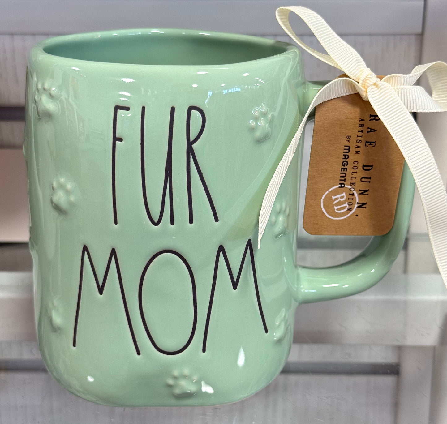 New Rae Dunn green paw print ceramic coffee mug FUR MOM