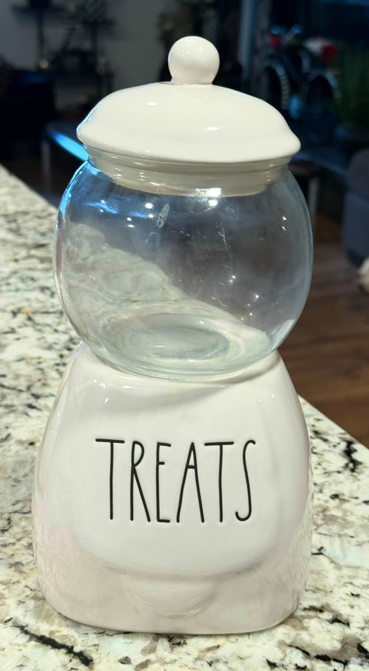 New Rae Dunn glass & white ceramic gumball storage TREATS
