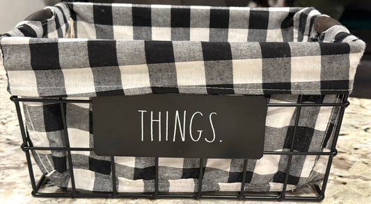 New Rae Dunn checked 12x8.5 THINGS metal basket with liner