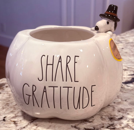 New Rae Dunn x Peanuts Snoopy white ceramic pumpkin bowl SHARE GRATITUDE