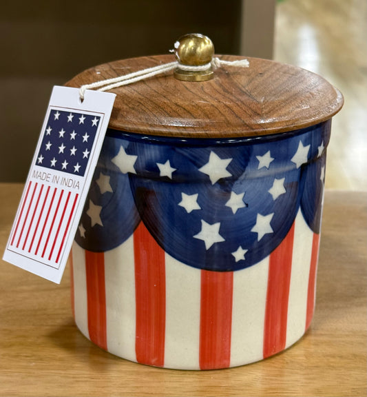 New Made in India ceramic USA flag 5” wood top storage canister