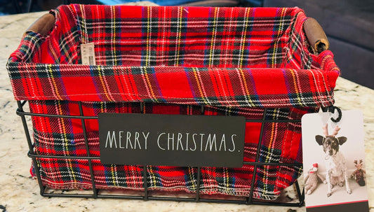 New Rae Dunn plaid tartan insert MERRY CHRISTMAS Metal Storage basket