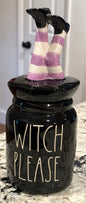 New Rae Dunn black iridescent ceramic Halloween leg topped decor WITCH PLEASE