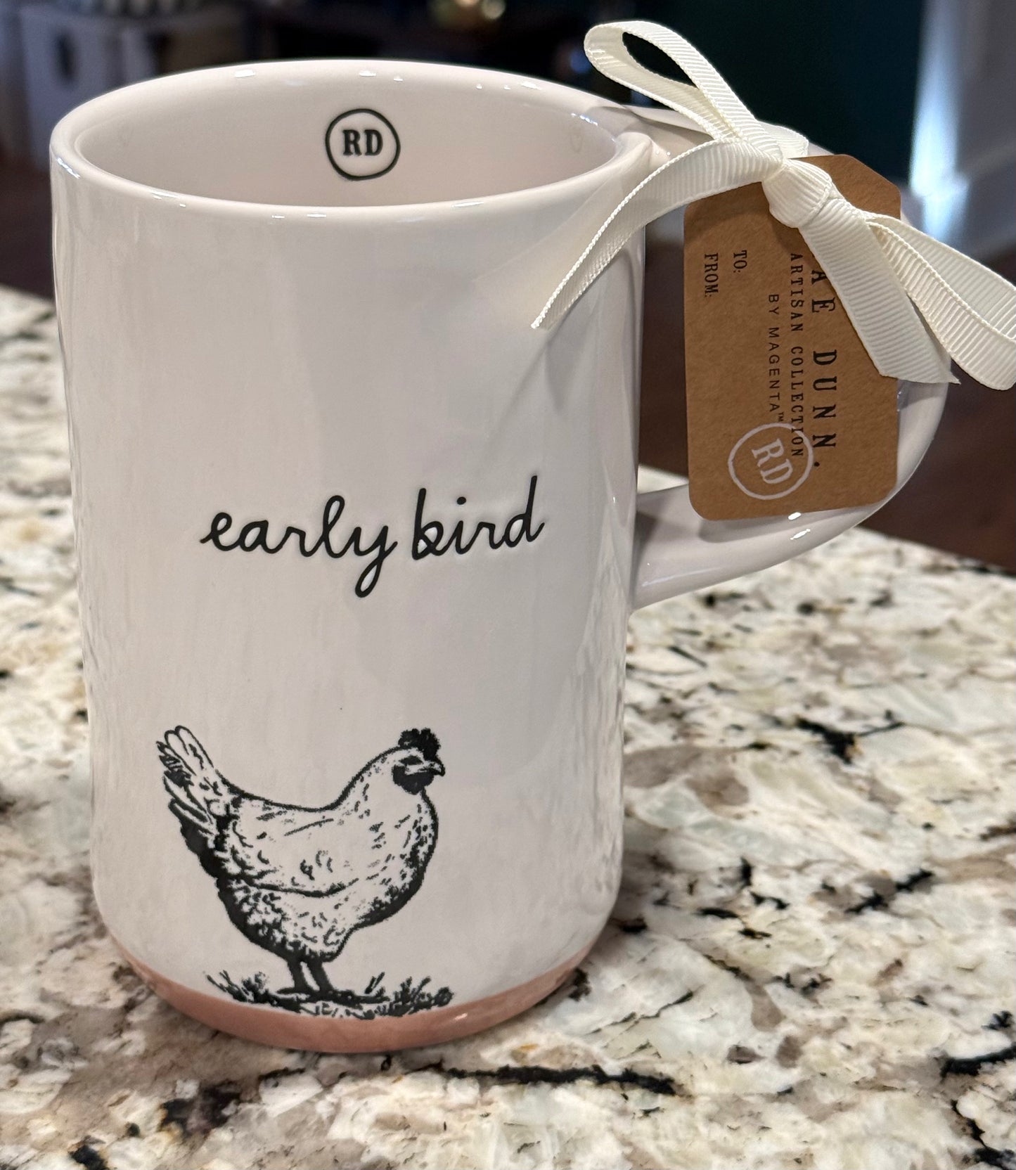 New Rae Dunn white ceramic tall Farmline coffee mug EARLY BIRD
