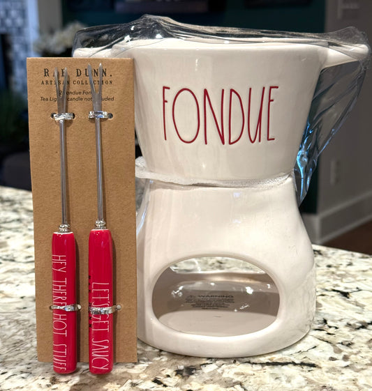 New Rae Dunn white ceramic FONDUE 🫕 pot with stir sticks
