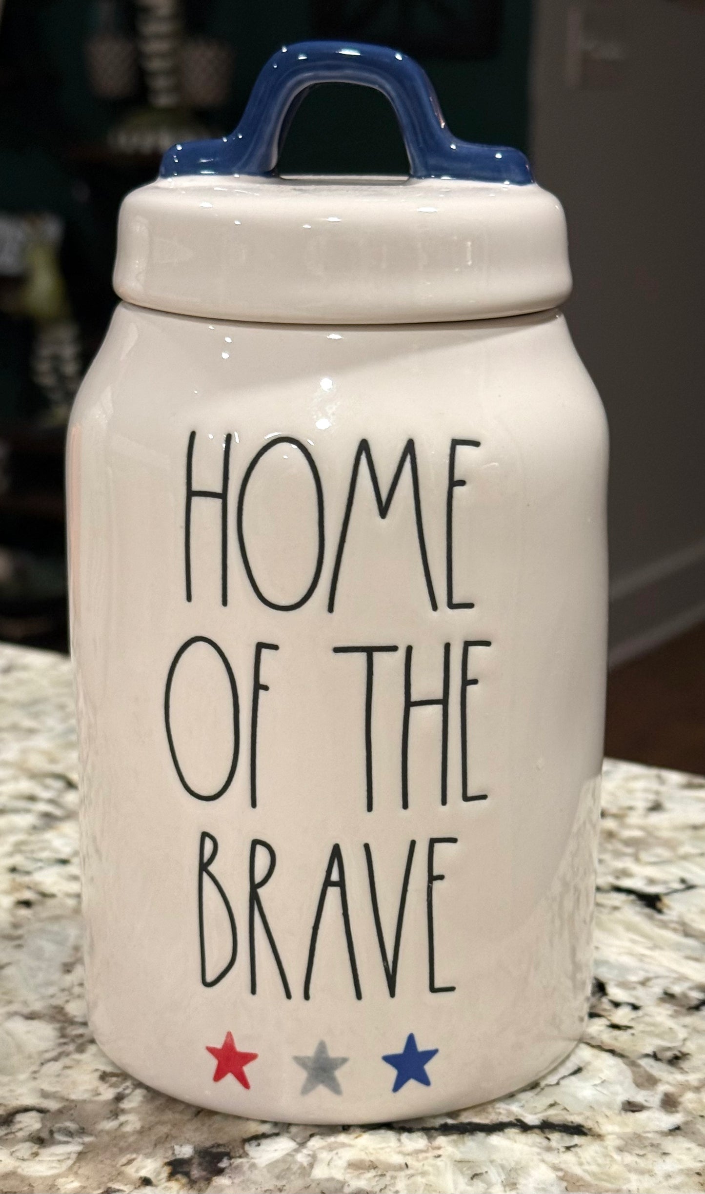 New Rae Dunn Americana ceramic star HOME OF THE BRAVE 7.5” star trimmed canister