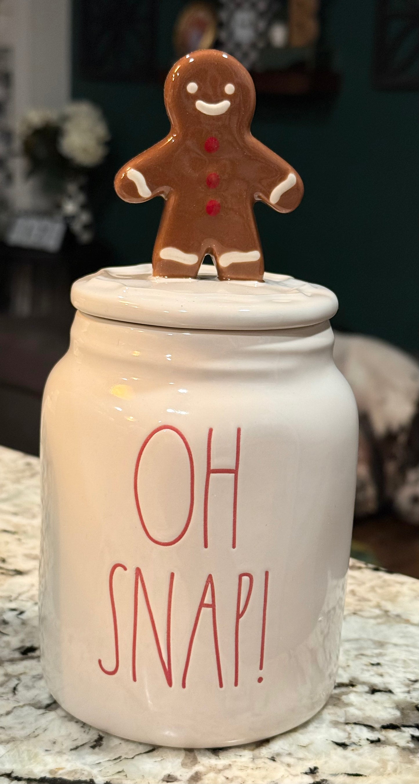 New Rae Dunn white ceramic gingerbread topped Christmas canister OH SNAP 8.75”