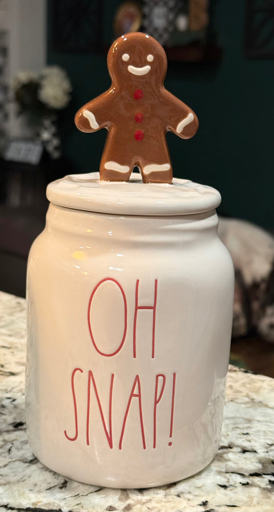 New Rae Dunn white ceramic gingerbread topped Christmas canister OH SNAP 8.75”
