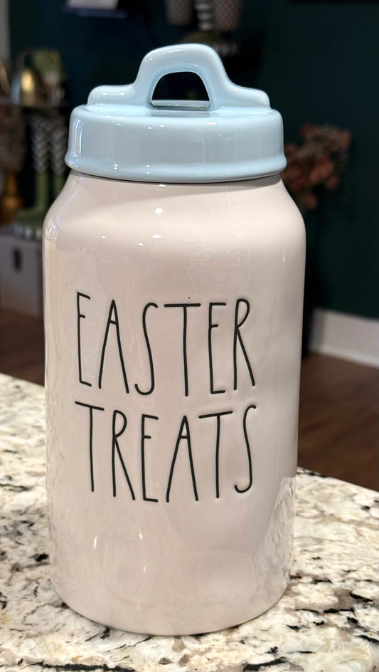 Rae Dunn white ceramic 9” EASTER TREATS canister -blue lid