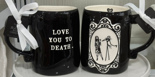 New Rae Dunn x Nightmare before Christmas ceramic Halloween coffee mug LOVE YOU TO DEATH.