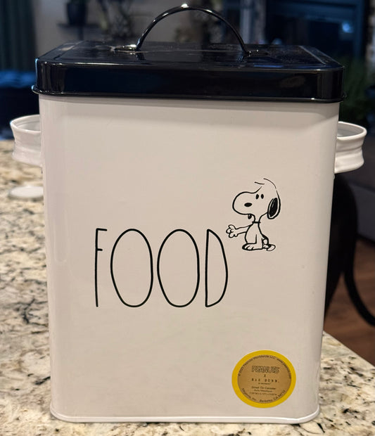 New white tin Rae Dunn x Peanuts Snoopy FOOD holder black lid