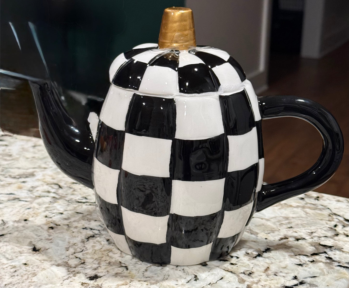 New ceramic black and white checkered pumpkin teapot